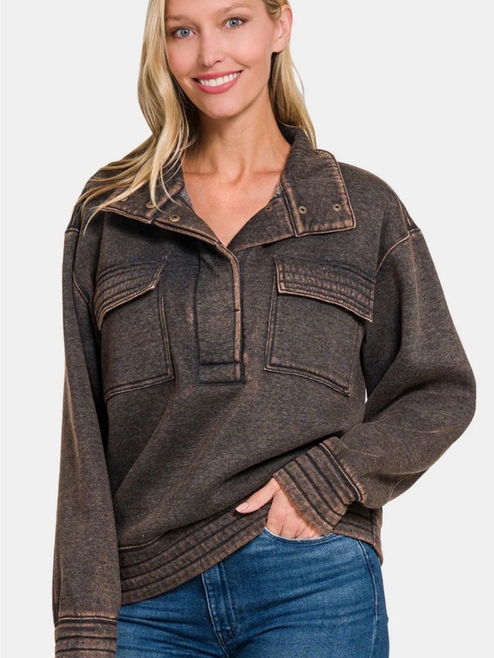 Zenana Acid Washed Half Snap Fleece Sweatshirt
